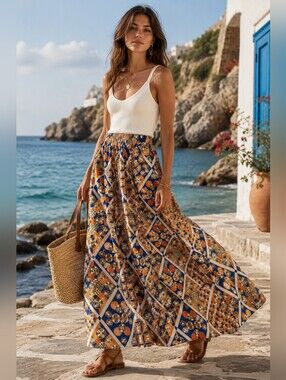 Statement maxi skirt dopamine print coastal European vacation Small